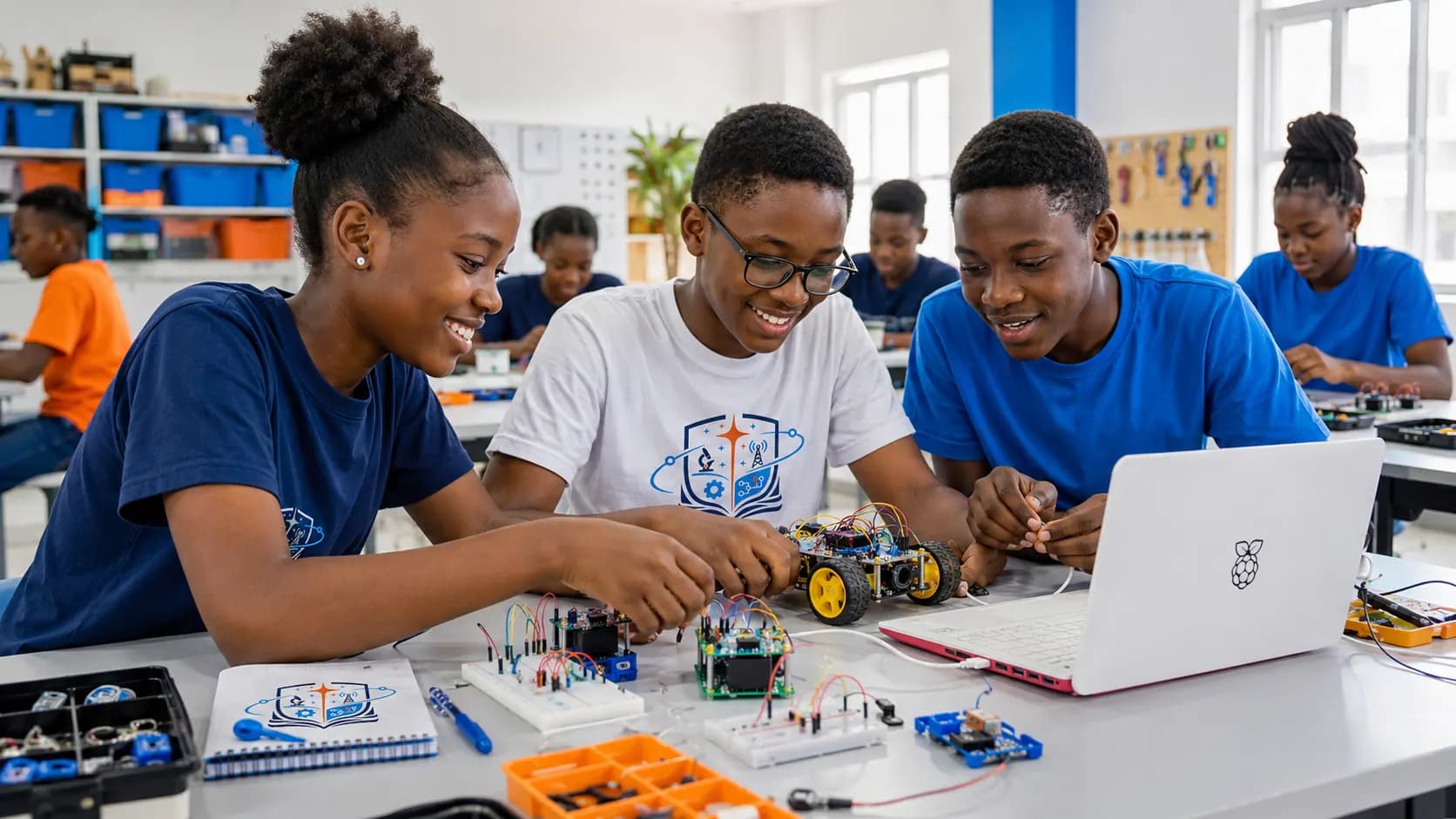 Learners building and testing practical electronics projects