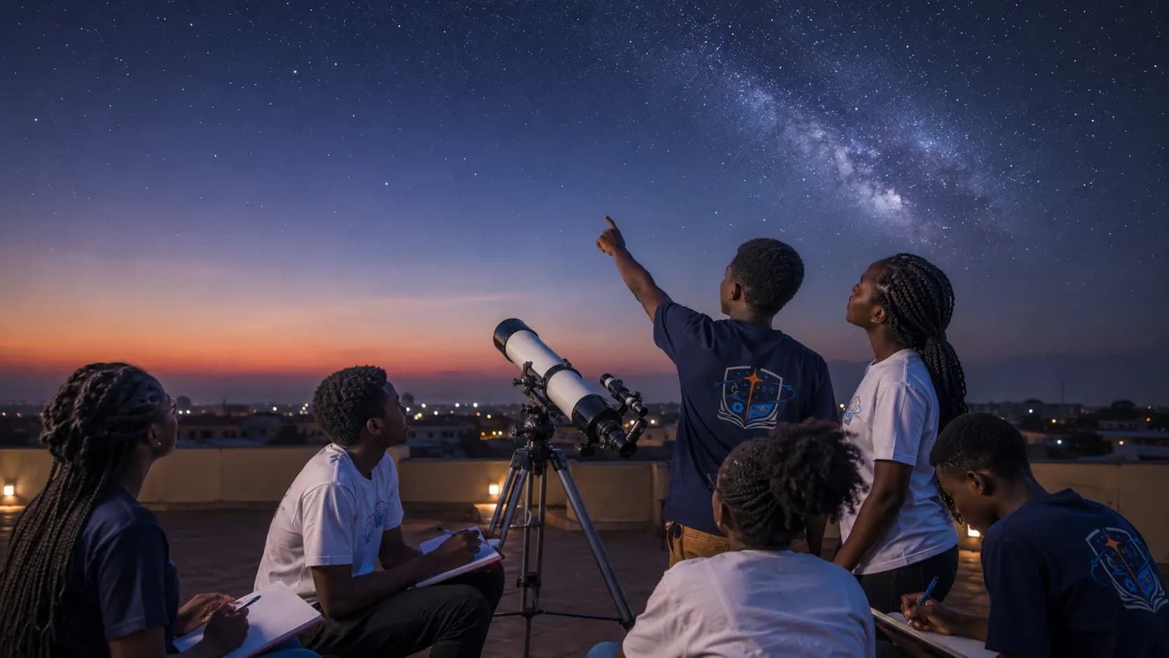 Young learners looking up and asking questions about the sky